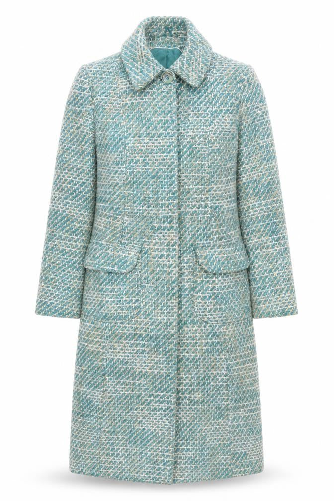 Next Women's Green Tweed Long Overcoat Size 10 Buttoned Wool Blend