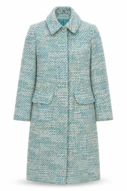 Next Women's Green Tweed Long Overcoat Size 10 Buttoned Wool Blend