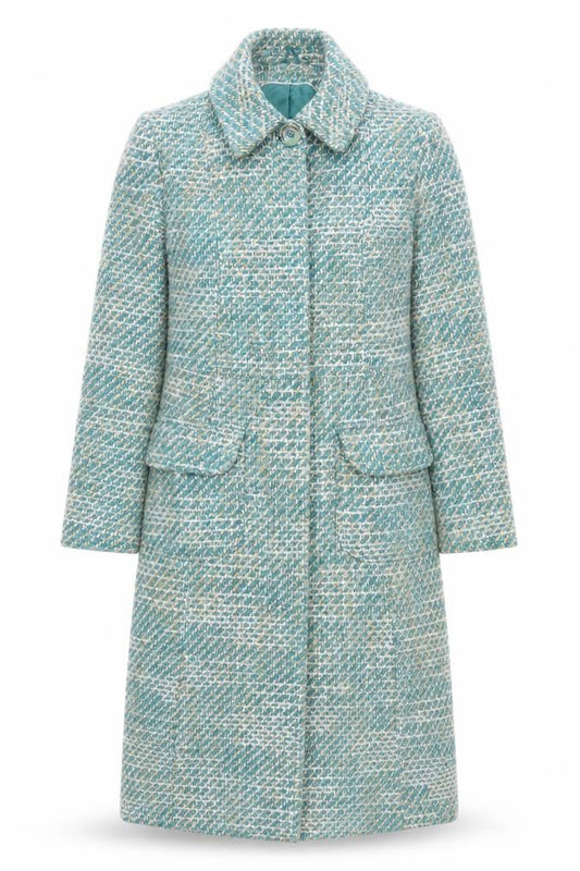Next Women's Green Tweed Long Overcoat Size 10 Buttoned Wool Blend