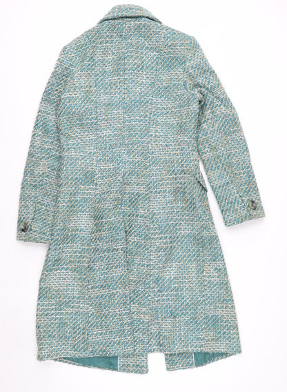 Next Women's Green Tweed Long Overcoat Size 10 Buttoned Wool Blend