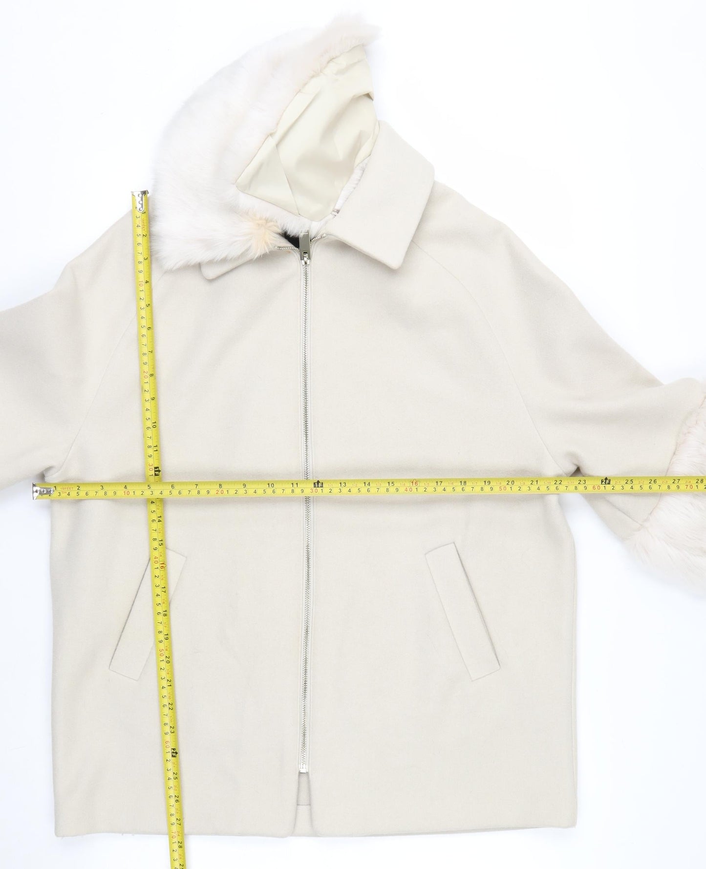 River Island Women Ivory Faux Fur Trim Mid-Length Coat Size 8