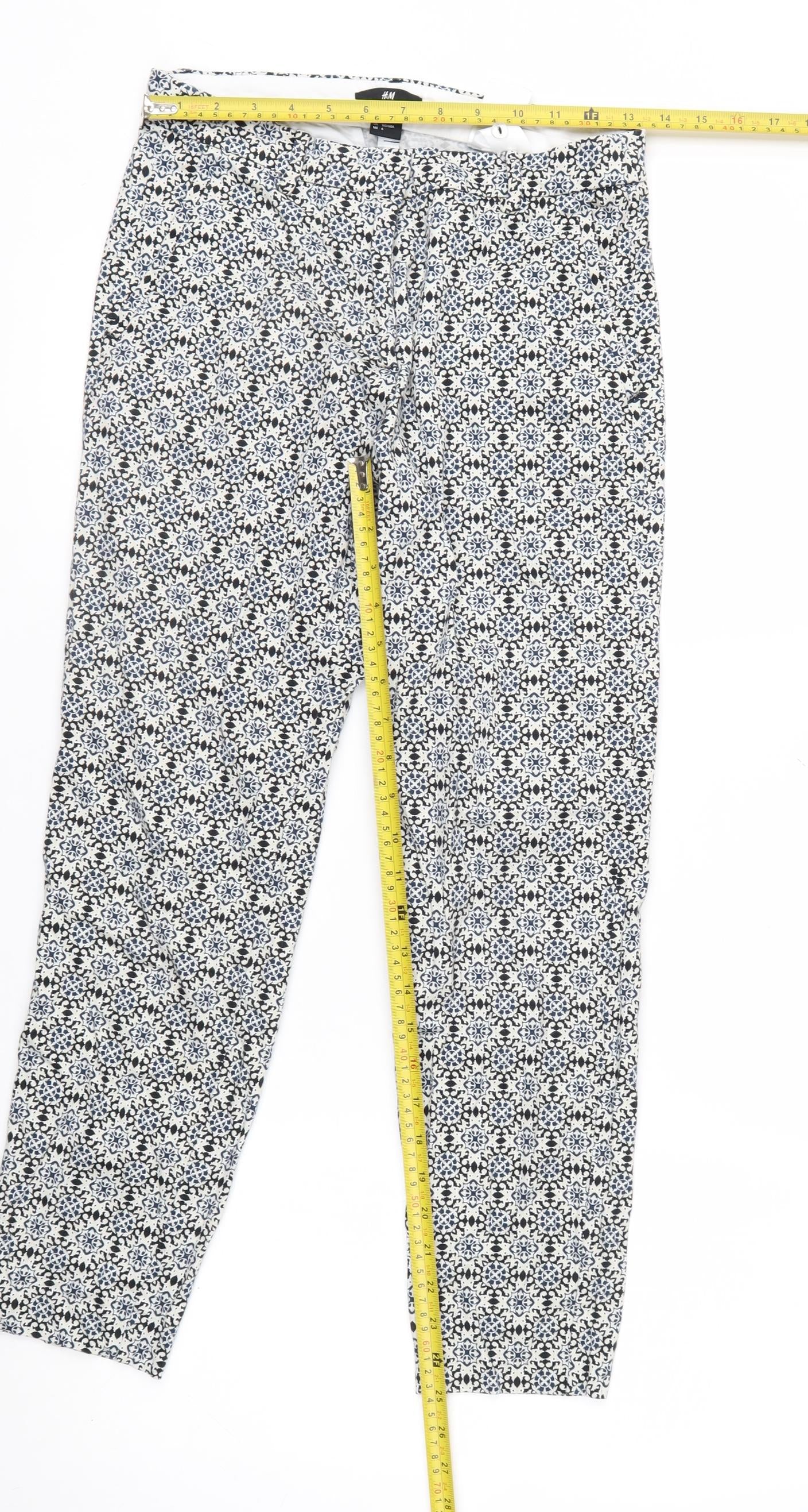 H&M Women Blue Geometric Print Slim Trousers Size 8