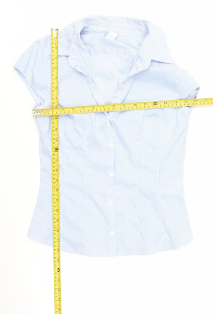 H&M Women Blue Striped Collared Button-Up Short Sleeve Shirt Size 8