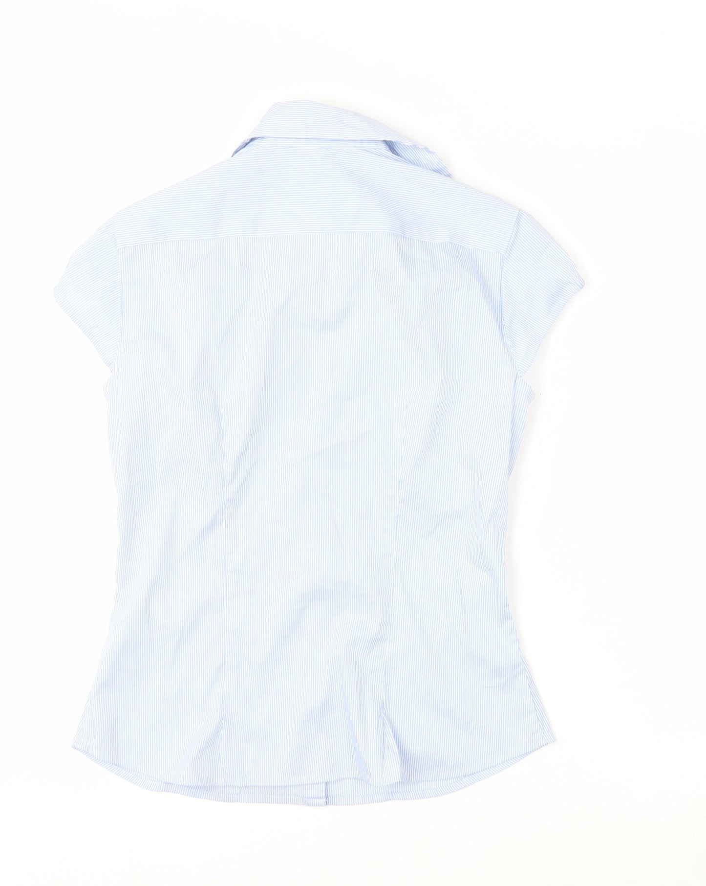 H&M Women Blue Striped Collared Button-Up Short Sleeve Shirt Size 8