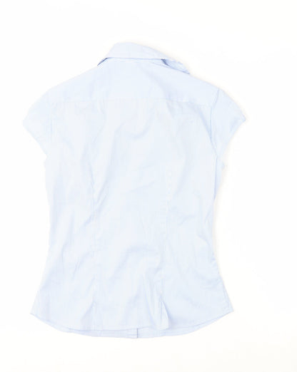 H&M Women Blue Striped Collared Button-Up Short Sleeve Shirt Size 8