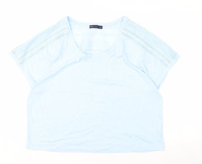 Marks and Spencer Women Blue Linen Blend Crochet Shoulder T-Shirt Size 16