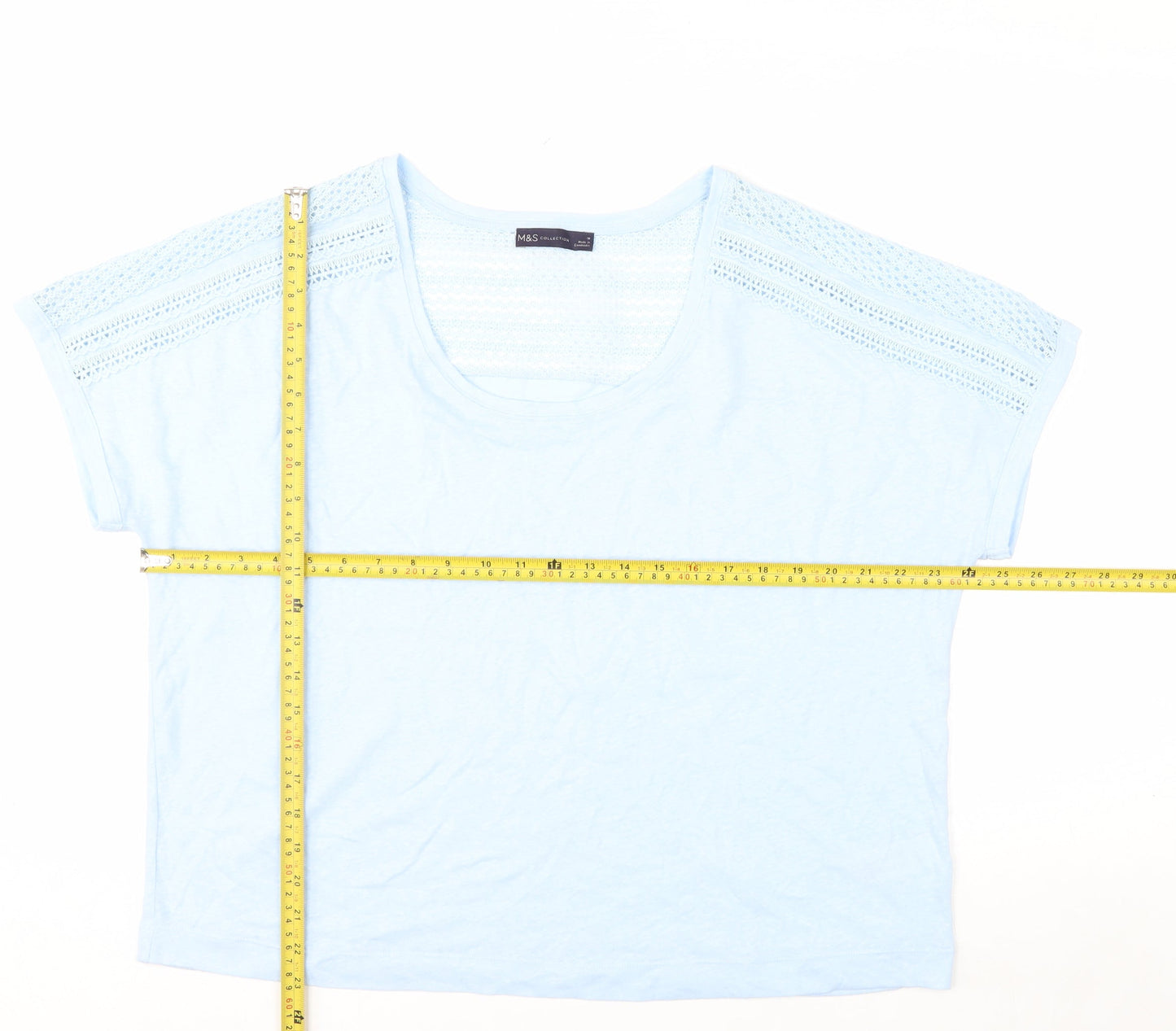 Marks and Spencer Women Blue Linen Blend Crochet Shoulder T-Shirt Size 16