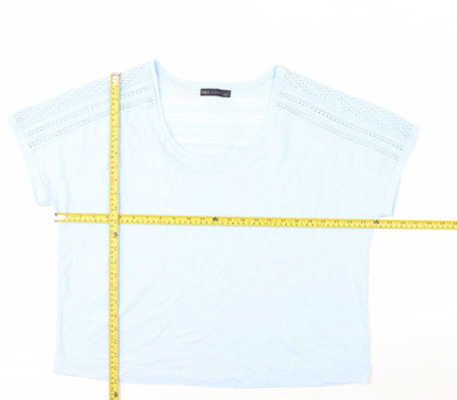 Marks and Spencer Women Blue Linen Blend Crochet Shoulder T-Shirt Size 16