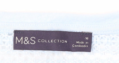 Marks and Spencer Women Blue Linen Blend Crochet Shoulder T-Shirt Size 16