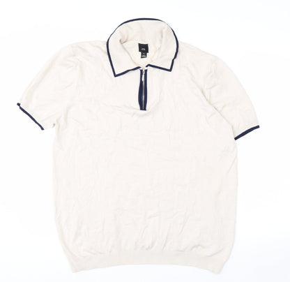 River Island Men's Beige Zip Neck Short Sleeve Polo Shirt XL