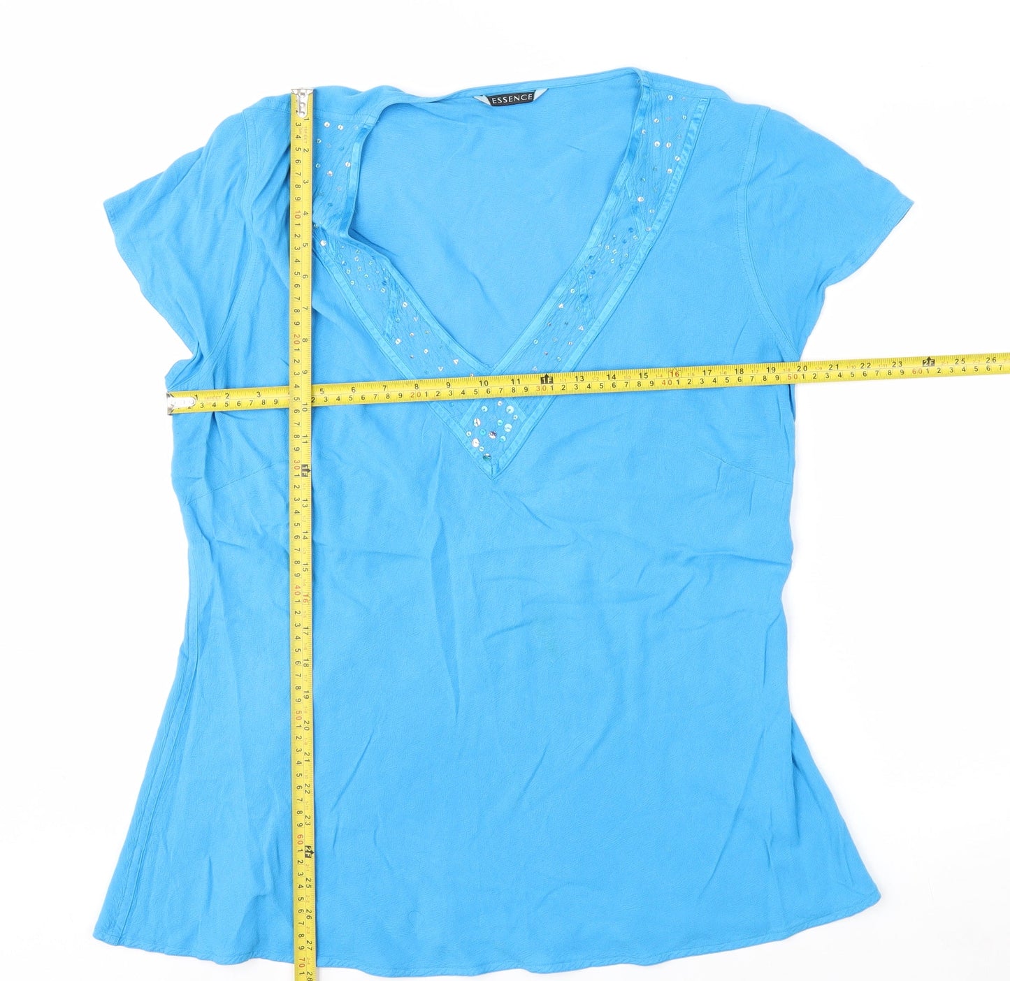 Evans Women Blue Sequin V-Neck Short Sleeve Viscose Tunic Top Size 16