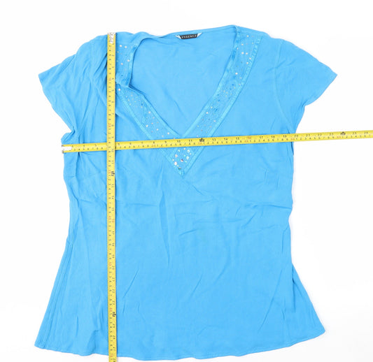 Evans Women Blue Sequin V-Neck Short Sleeve Viscose Tunic Top Size 16