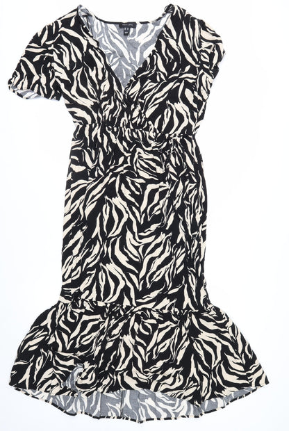 New Look Women’s Black Animal Print Midi Wrap Dress Size 14