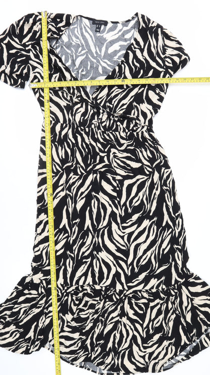 New Look Women’s Black Animal Print Midi Wrap Dress Size 14