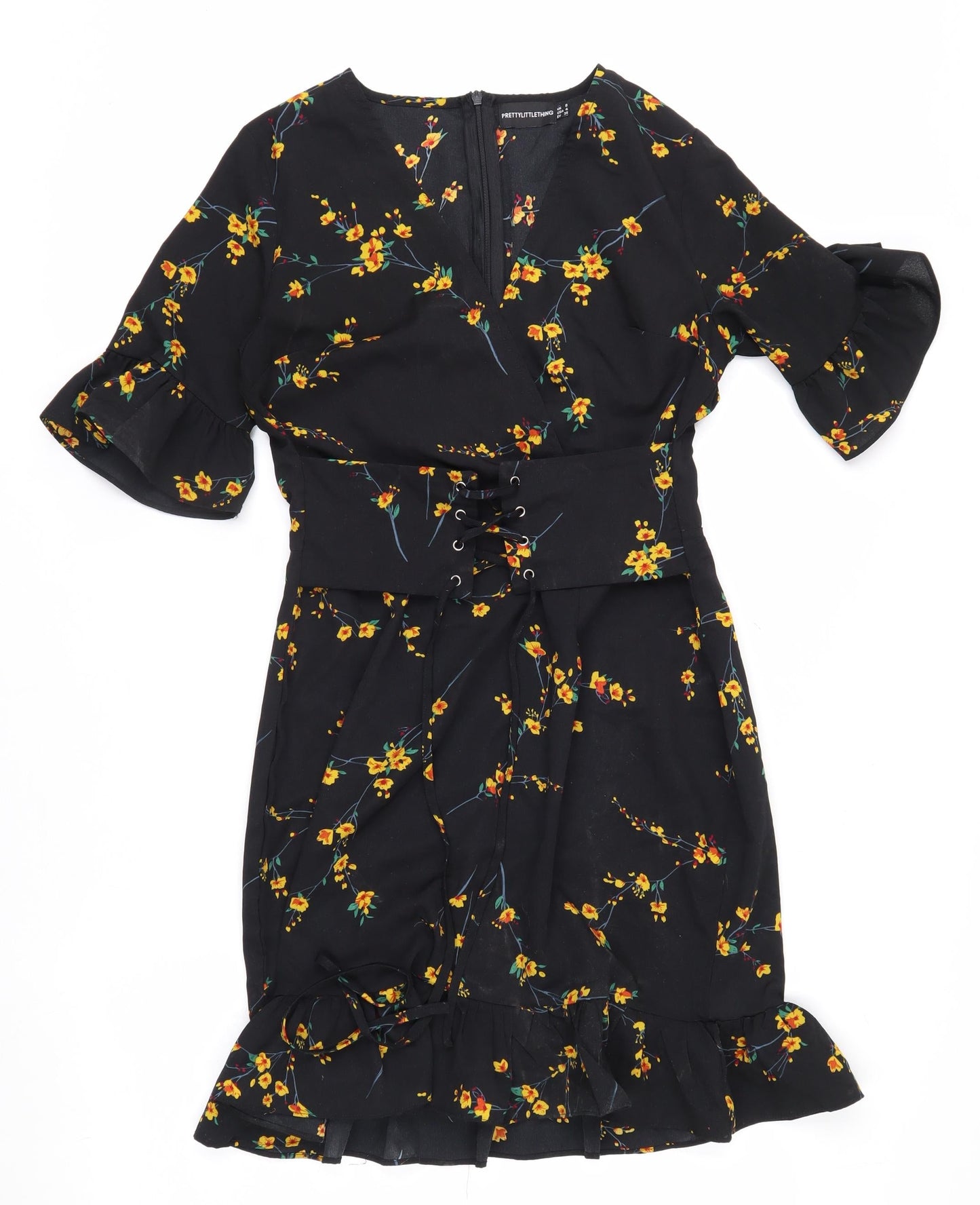 PrettyLittleThing Women's Black Floral Wrap Dress Size 8