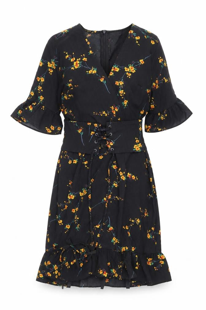 PRETTYLITTLETHING Women's Black Floral Wrap Dress Size 8