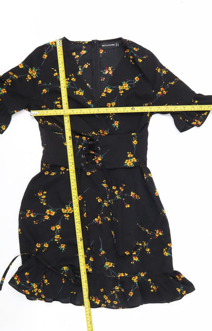 PrettyLittleThing Women's Black Floral Wrap Dress Size 8
