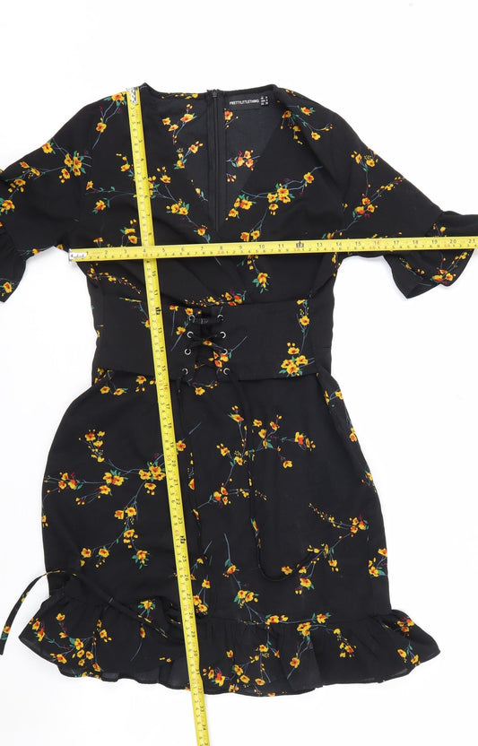 PrettyLittleThing Women's Black Floral Wrap Dress Size 8