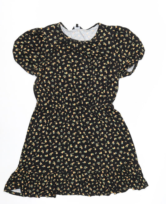 Peacocks Women’s Black Floral A-Line Ruched Dress Size 14