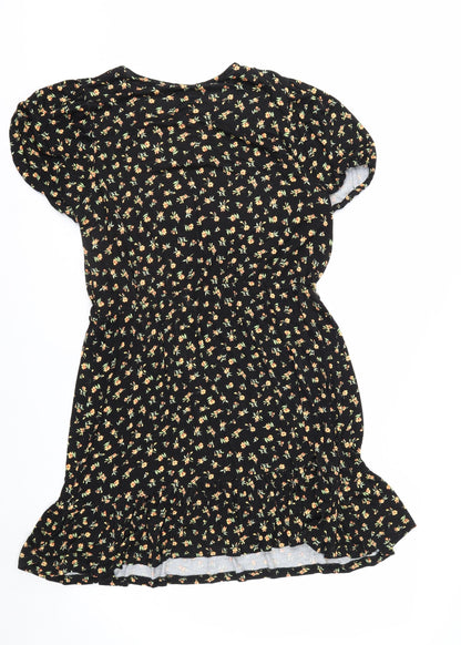 Peacocks Women’s Black Floral A-Line Ruched Dress Size 14