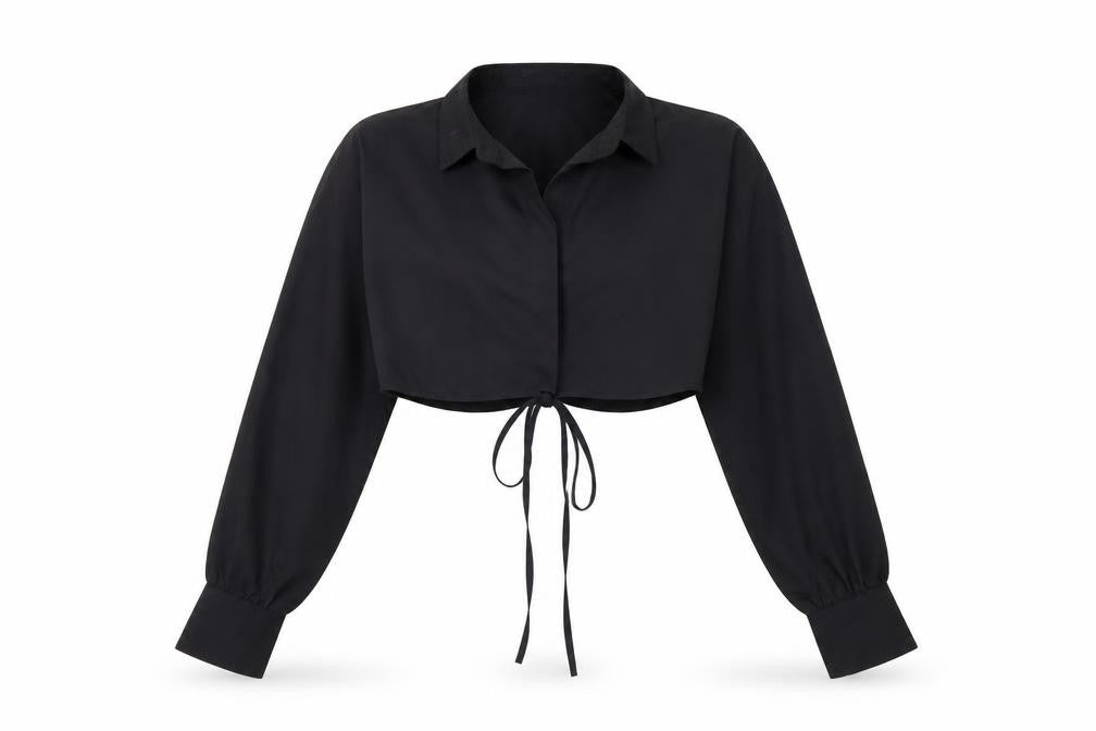 MISSPAP Women's Black Cropped Collared Long Sleeve Blouse Size 14