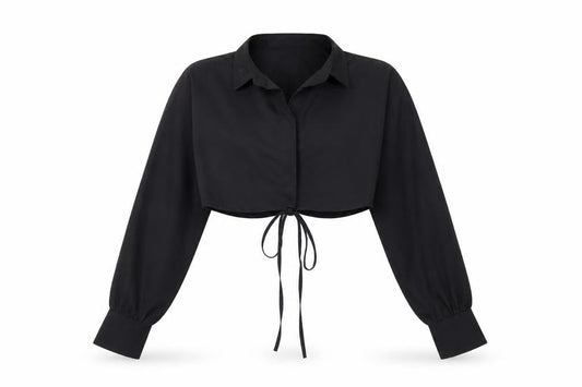 MISSPAP Women's Black Cropped Collared Long Sleeve Blouse Size 14