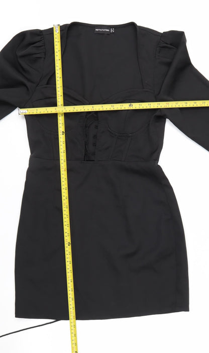 PrettyLittleThing Womens Black Bodycon Mini Dress UK 12 Long Sleeve
