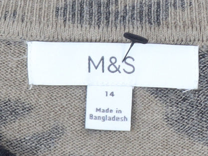 Marks and Spencer Women's Beige Animal Print Crew Neck Jumper Size 14