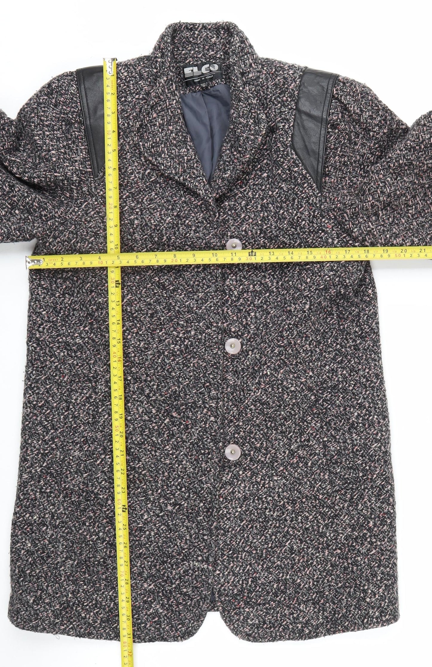 ELCO Women’s Grey Wool Blend Leather Trim Mid-Length Vintage Coat Size S