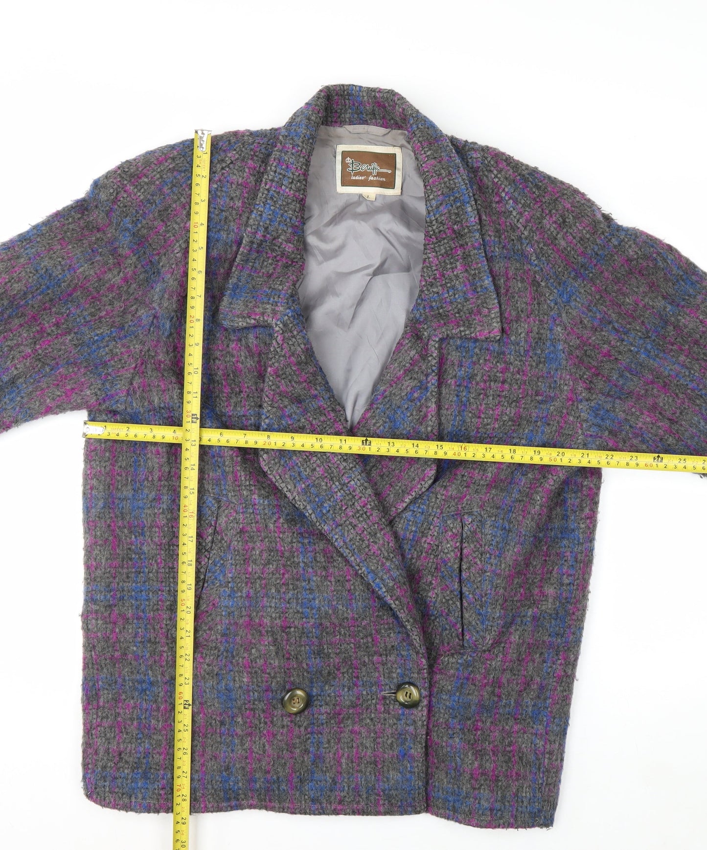 Beniffa Women’s Multicoloured Wool Blend Checked Pea Coat L