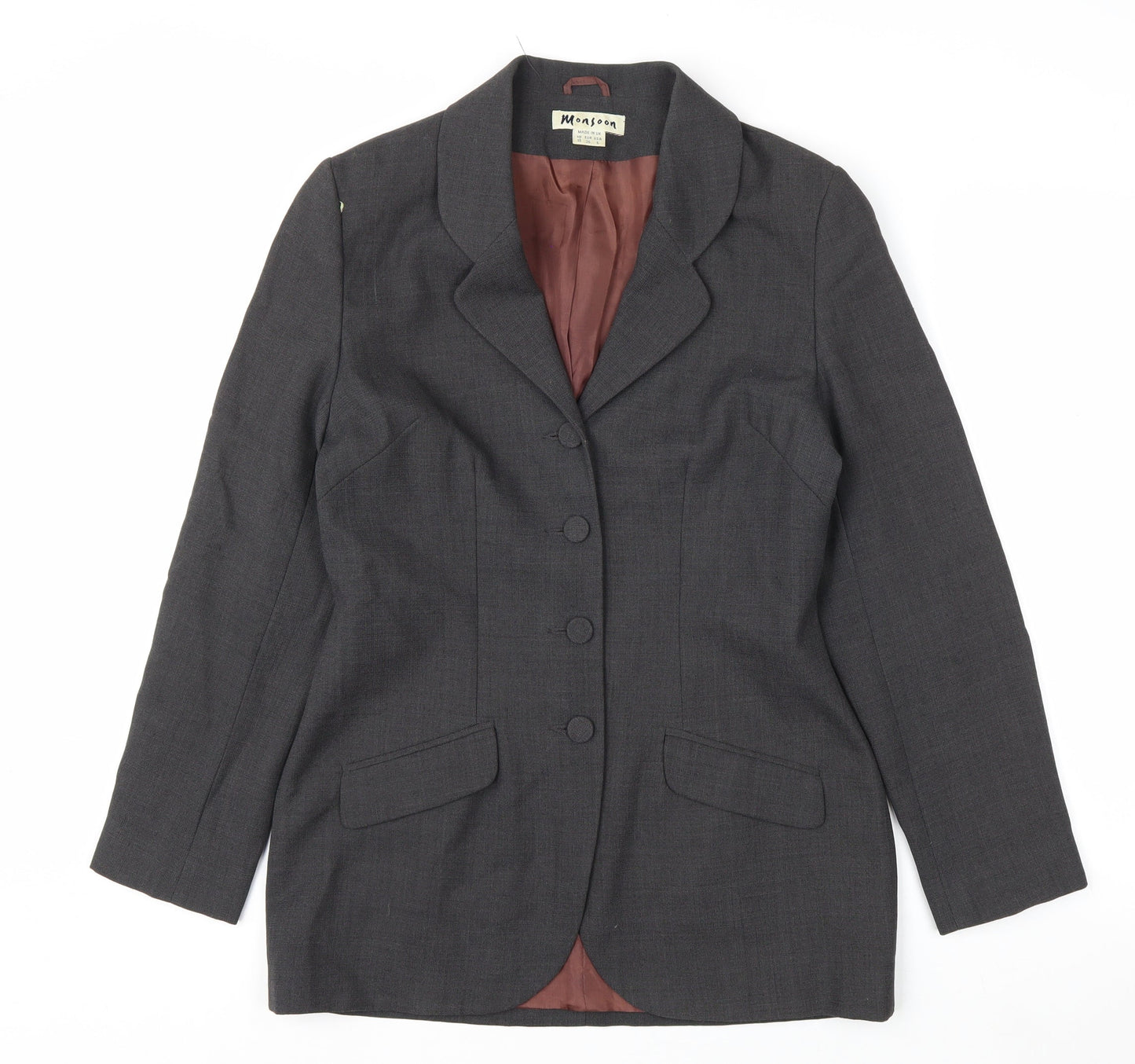 Monsoon Women Grey Wool Blend Suit Jacket UK 10 Classic Tailored Blazer