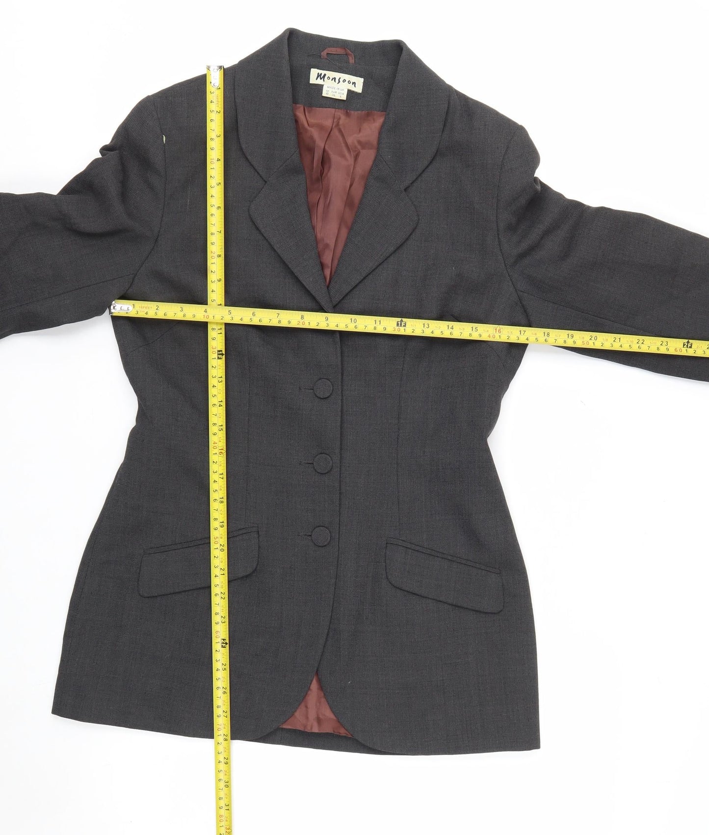 Monsoon Women Grey Wool Blend Suit Jacket UK 10 Classic Tailored Blazer