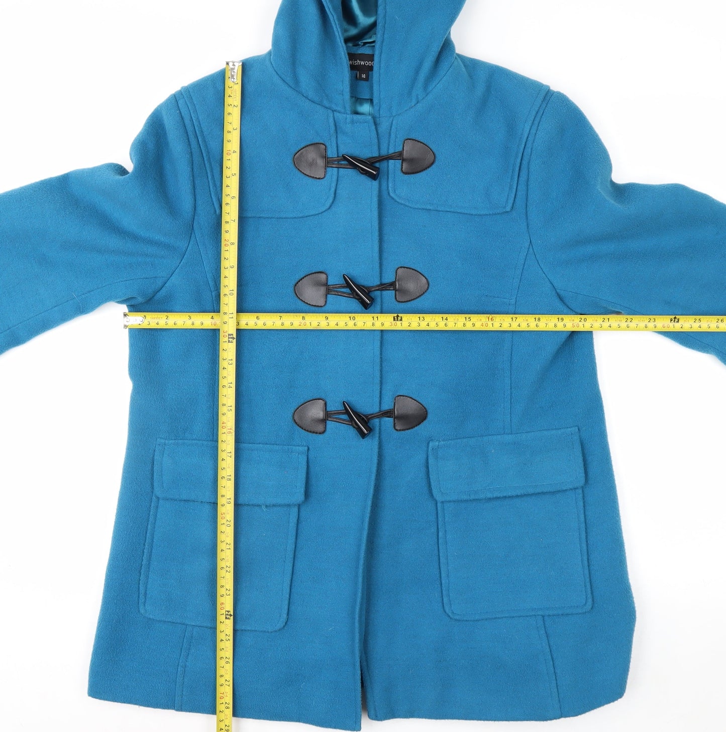 Wishwood Women's Blue Wool Duffle Coat Size 14 Hooded Mid-Length
