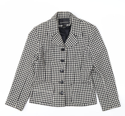 Warehouse Women's Black Houndstooth Wool Blend Suit Jacket Size 12
