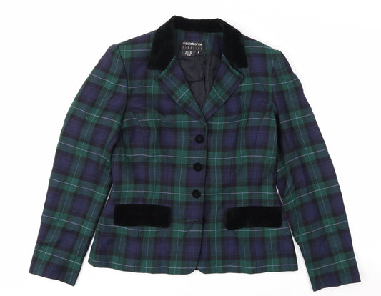 Liz Claiborne Classics Women's Green Check Wool Blazer Size 8 Single-Breasted