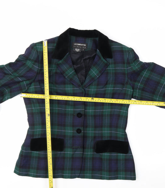 Liz Claiborne Classics Women's Green Check Wool Blazer Size 8 Single-Breasted