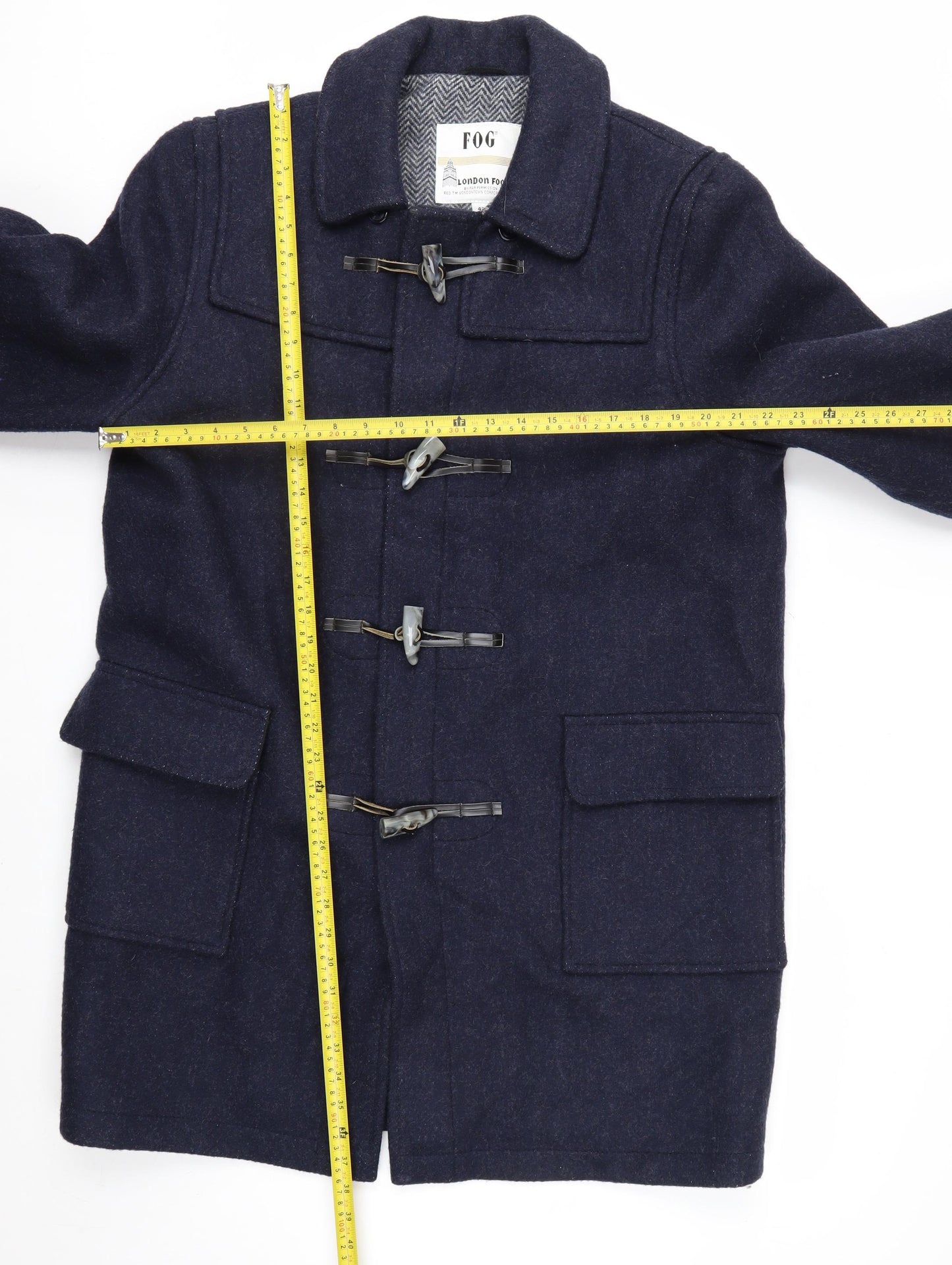 London Fog Men’s Blue Wool Duffle Coat 42R Hooded Classic Mid-Length