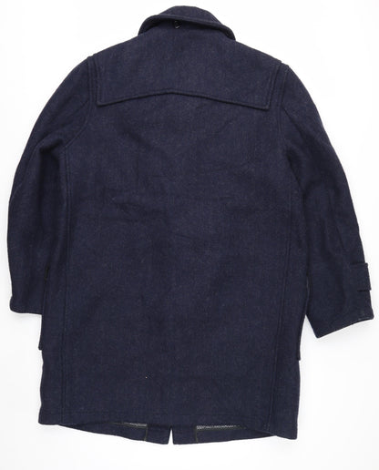 London Fog Men’s Blue Wool Duffle Coat 42R Hooded Classic Mid-Length