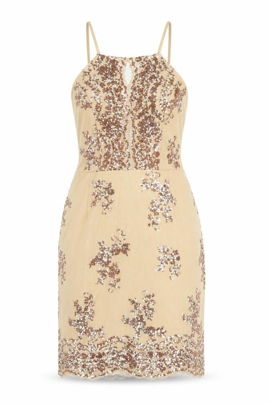 Front view of In The Style Women's Beige Sequin Halter Bodycon Dress, size 12