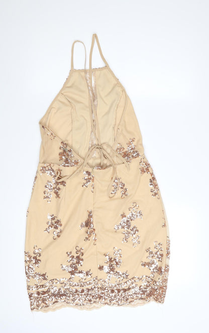 In The Style Women's Beige Sequin Halter Bodycon Dress Size 12