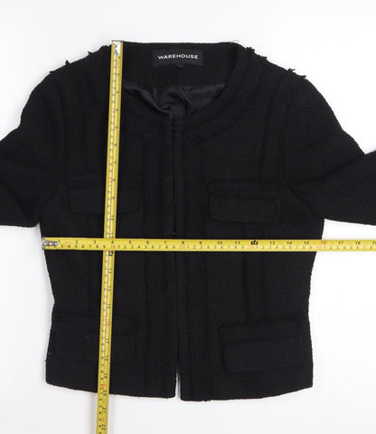 Warehouse Women Black Tweed Cropped Blazer Jacket UK 8 Wool Blend