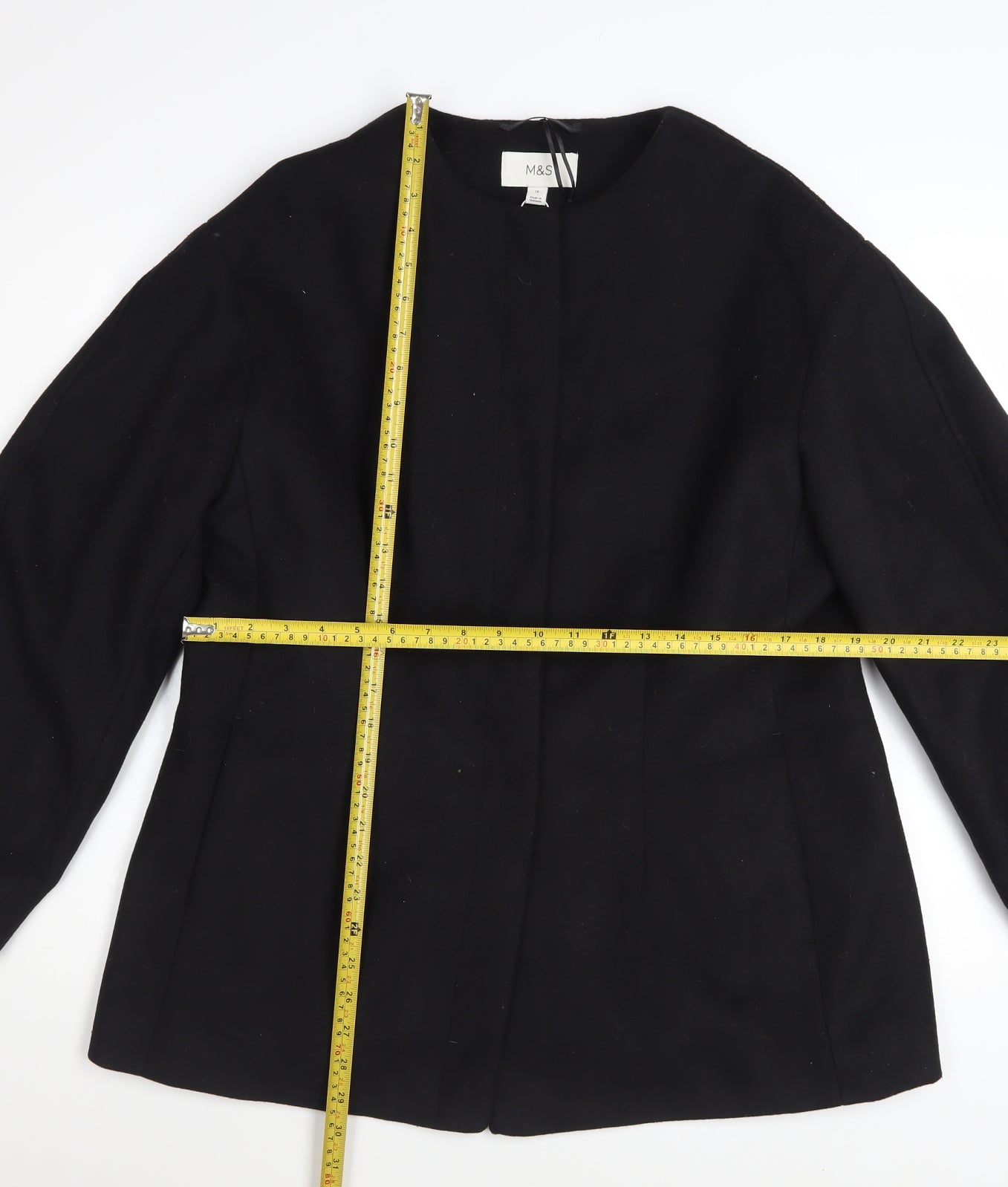 Marks and Spencer Womens Black Size 16 Collarless Wool Blend Jacket
