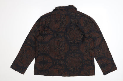 Chico's Women's Brown Silk Embroidered Long Sleeve Button-Up Shirt M