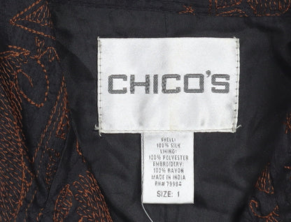 Chico's Women's Brown Silk Embroidered Long Sleeve Button-Up Shirt M