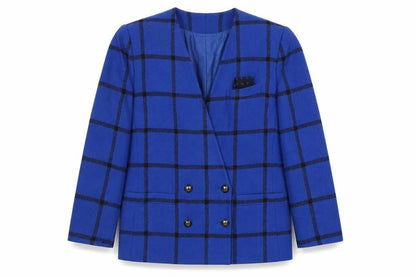 Le Suit Women's Blue Checked Wool Blend Blazer Size 14 Classic Workwear