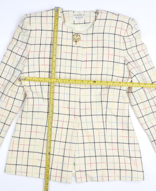 Heritage House Women’s Ivory Check Wool Blazer Size 10 Classic Tweed Jacket