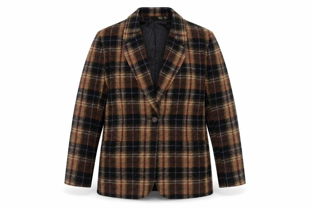 White Stag Women's Brown Checked Wool Blend Blazer Size 12 Classic Fit