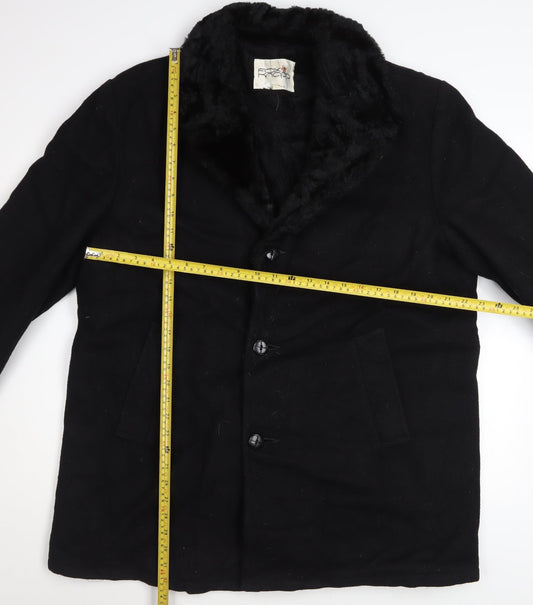 Fox Knapp Men's Black Wool Overcoat Faux Fur Collar Size 46 Regular