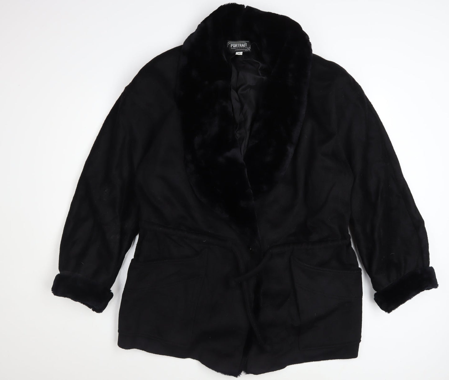 Portrait Women’s Black Wool Blend Fur Trim Mid-Length Coat Size 12