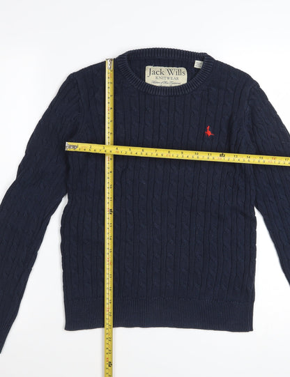 Jack Wills Womens Blue Cable Knit Cotton Jumper UK 10 Classic Crew Neck